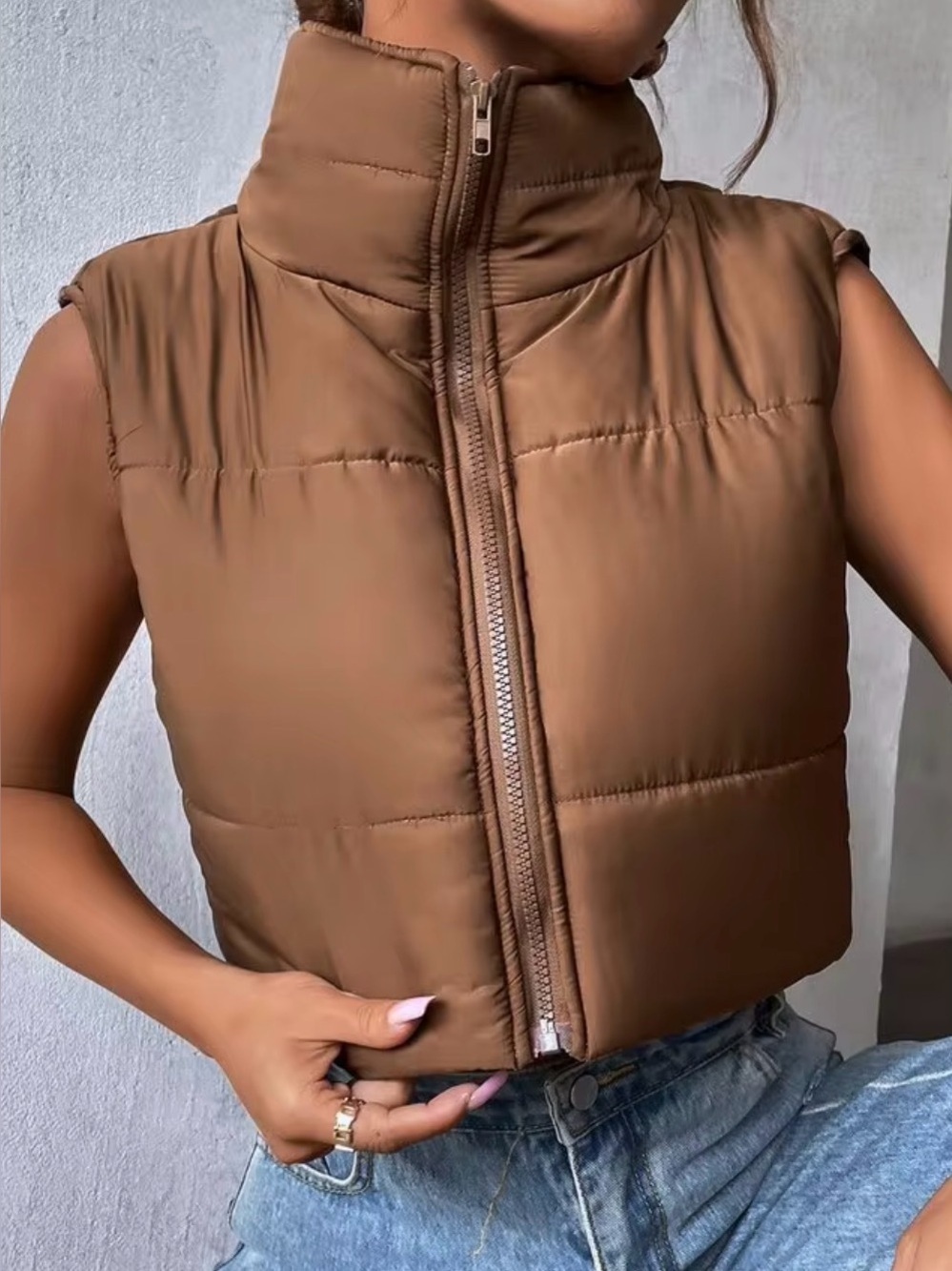 SHEIN MOOSTA Puffer Vest Zip Up Cropped Padded Sleeveless Coat Small S Brown